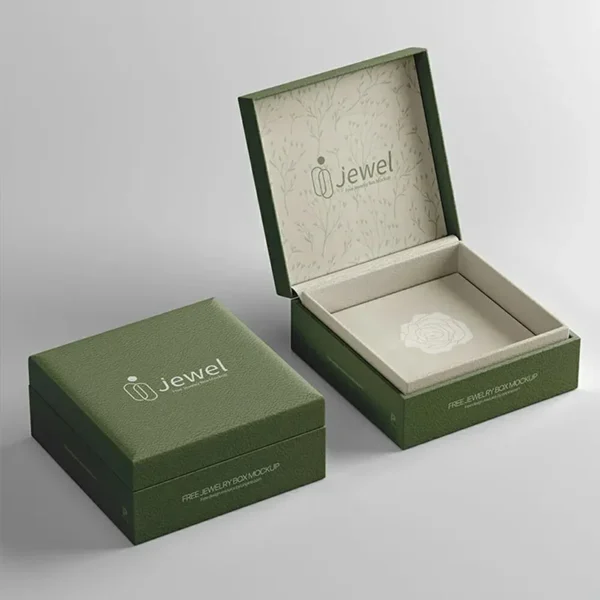 Rigid earring packaging box with velvet insert and magnet closure.