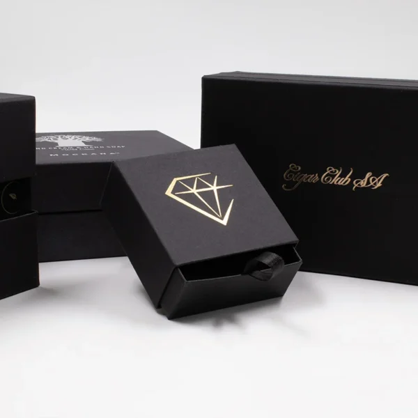 Custom printed rigid earring box with embossed logo.