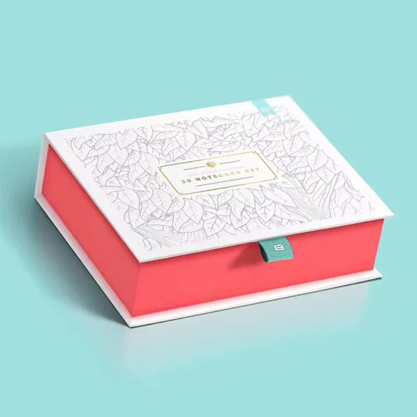 Deluxe rigid earring box with satin interior and ribbon tab.
