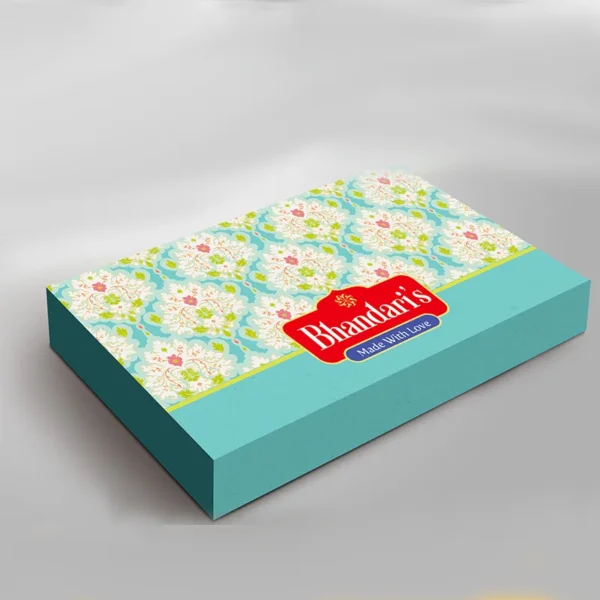 Branded rigid food gift box with insert for secure presentation.