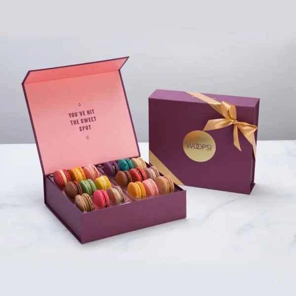 Custom printed rigid food packaging box with foil detailing.