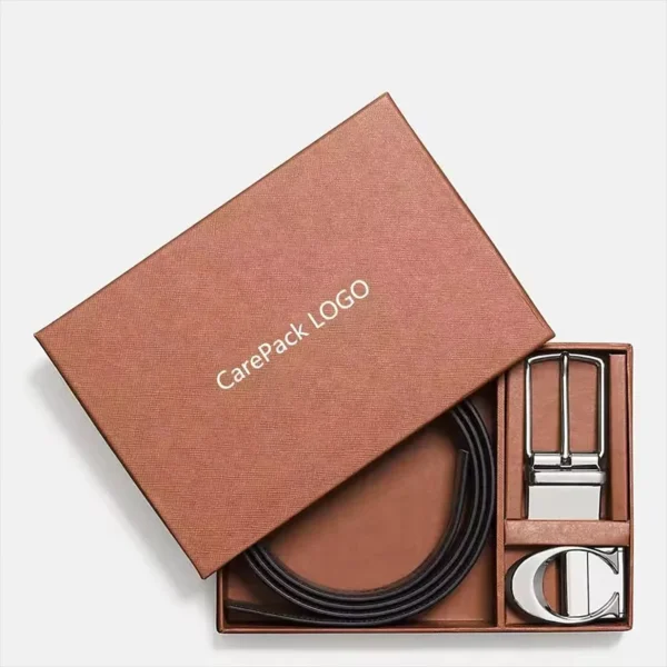 Rigid packaging box for men's belt with premium finish.