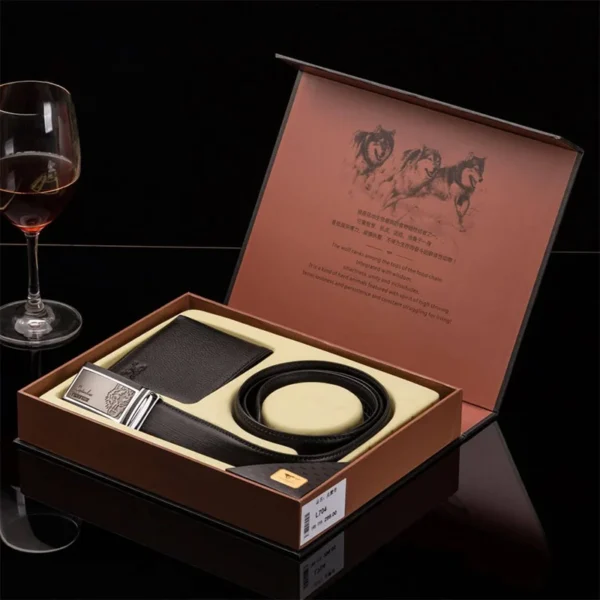 Luxury rigid box for leather belt packaging.