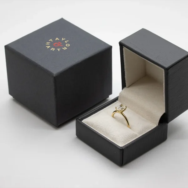 Velvet lined rigid ring packaging with magnetic closure.