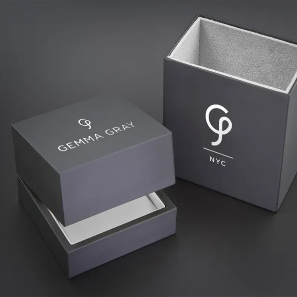 Custom rigid ring box with embossed gold logo.