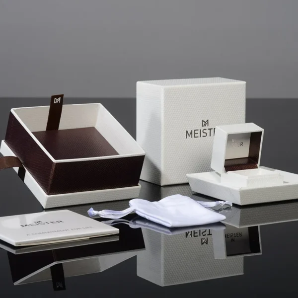 Magnetic closure rigid catalog box with custom branding.