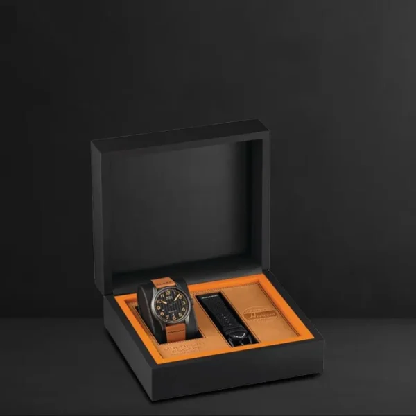 Luxury rigid watch box with velvet interior insert.
