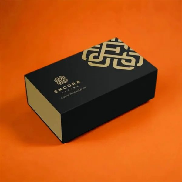 Branded rigid marketing kit box with foil and embossing.