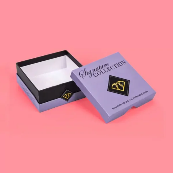 Luxury neck and shoulder rigid packaging boxes with foil stamping.