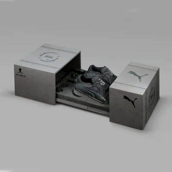 Luxury rigid shoe box for designer footwear packaging.