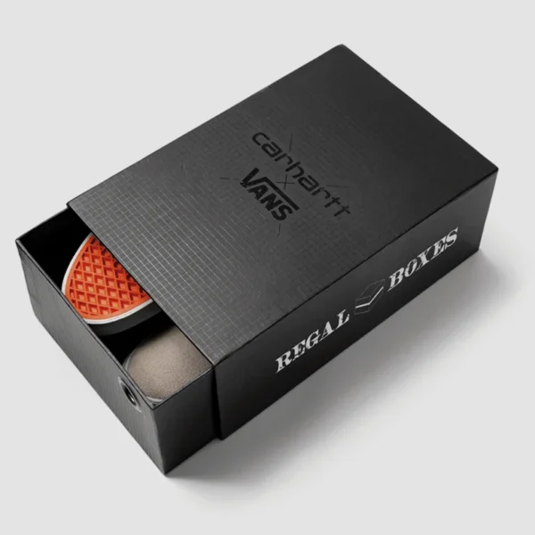 Strong rigid shoe packaging box for retail display.