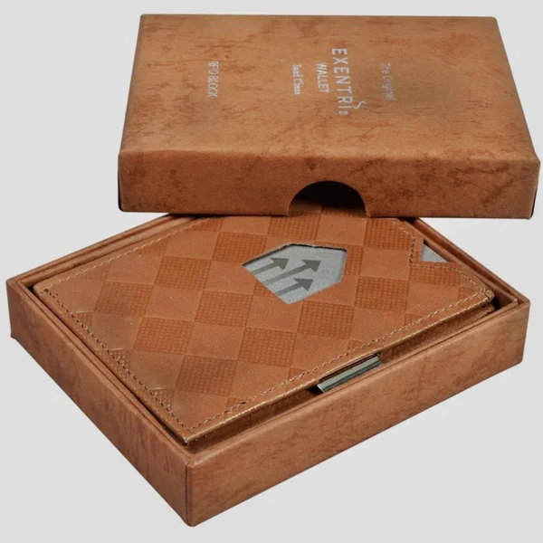 Eco-friendly rigid box for wallet packaging and branding.