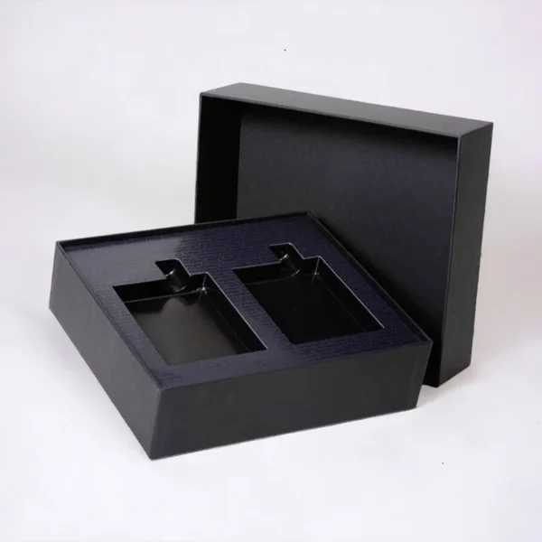Stylish two-piece rigid box with snug-fitting lid.